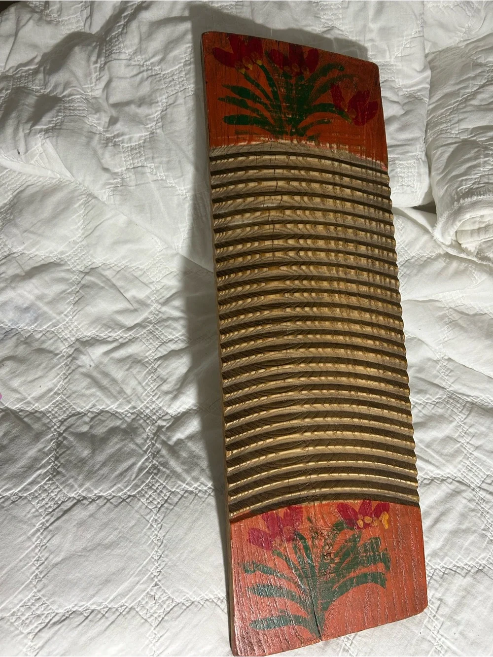 Vintage Hand Carved Chinese Wooden Washboard - Hand Painted Floral Folk Art